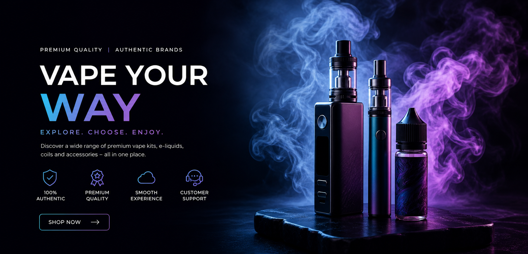 Vape device and e-liquid bottles with smoke on a dark background, featuring promotional text.